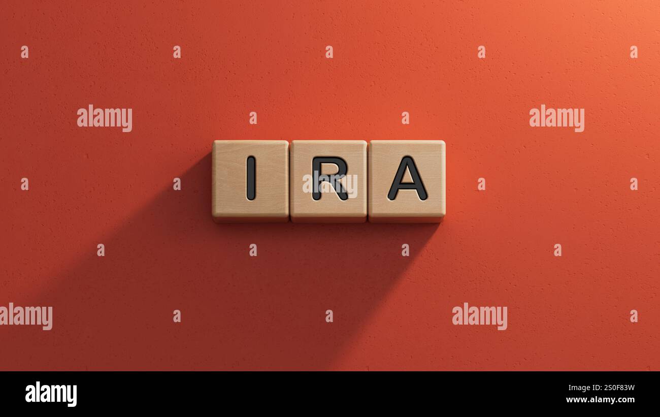 IRA individuelles Pensionskonto Wort auf Holzwürfelblock. Nahaufnahme von Holzelementen, Business Concept.3D-Rendering auf rotem Hintergrund. Stockfoto IRA individuelles Pensionskonto Wort auf Holzwürfelblock. Nahaufnahme von Holzelementen, Business Concept.3D-Rendering auf rotem Hintergrund. Stockfoto