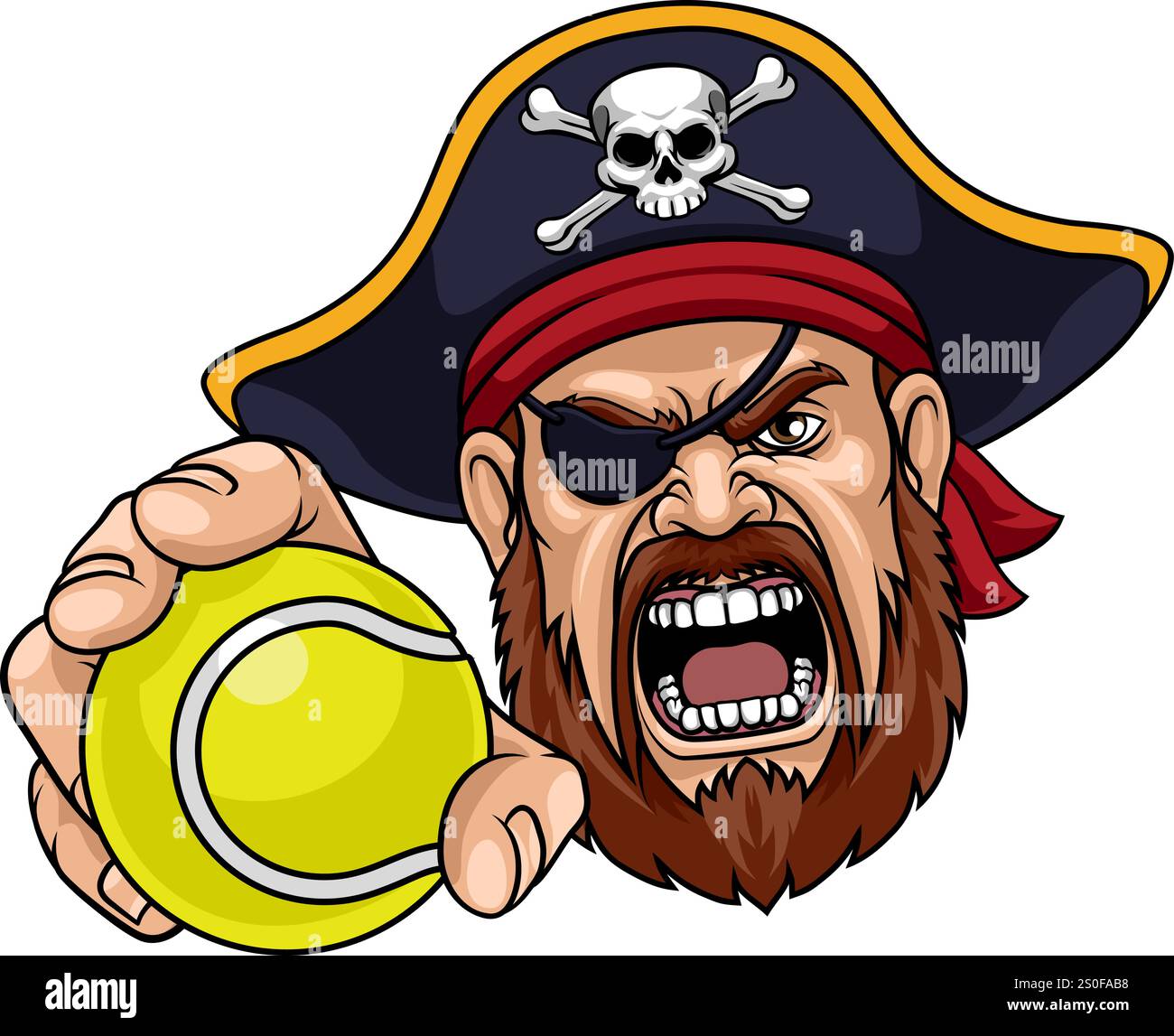 Ein Piratenmann, der Tennis Ball Sport Team Cartoon Charcater Maskottchen Illustration hält. Stock Vektor