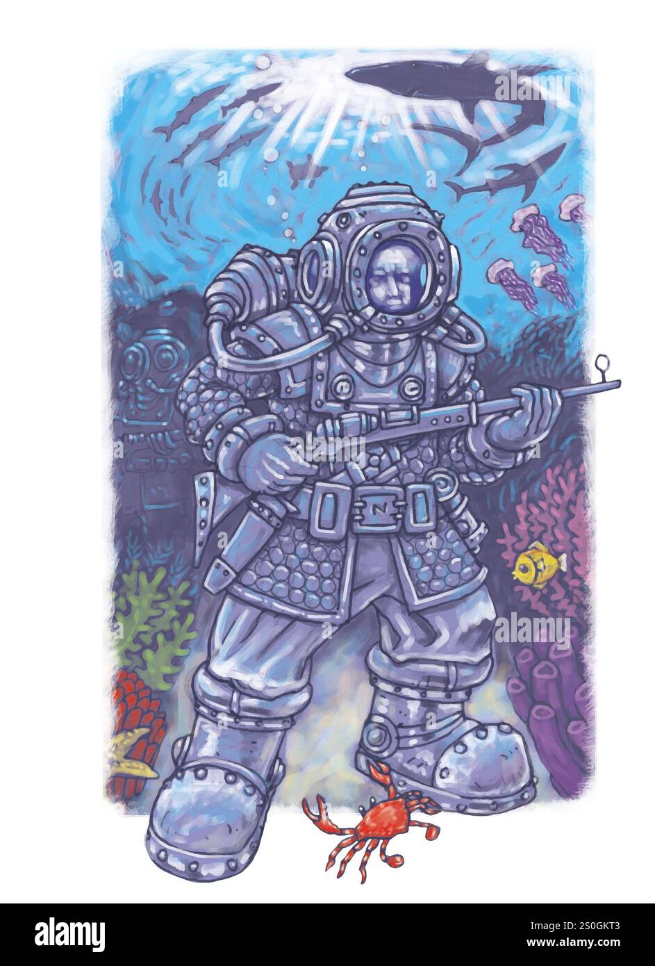 Kunst zur Darstellung der Unterwasserjagd-Szene aus dem Science-Fiction-Buch Jules Verne's 20.000 Leagues Under the Sea man in Vintage-Taucheranzug mit Waffe Stockfoto