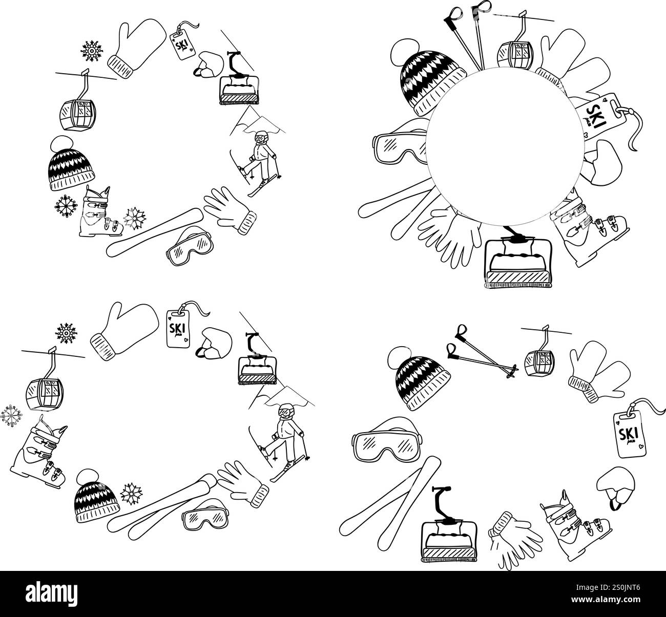 Ski Ausrüstung Kreis Runde ovale Schablonenrahmen Set. Skiclub Vektor-Retro-Emblem im grafischen Stil Stock Vektor