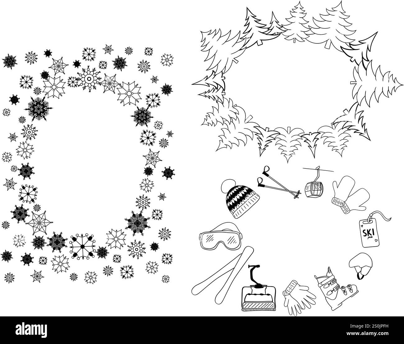 Wintersport, Kiefernwald, Schneeflocken Hintergrund mit grafischen Linienelementen in Oval mit Platz für Text. Winter Aktivitäten Vektorrahmen Set Karte Stock Vektor