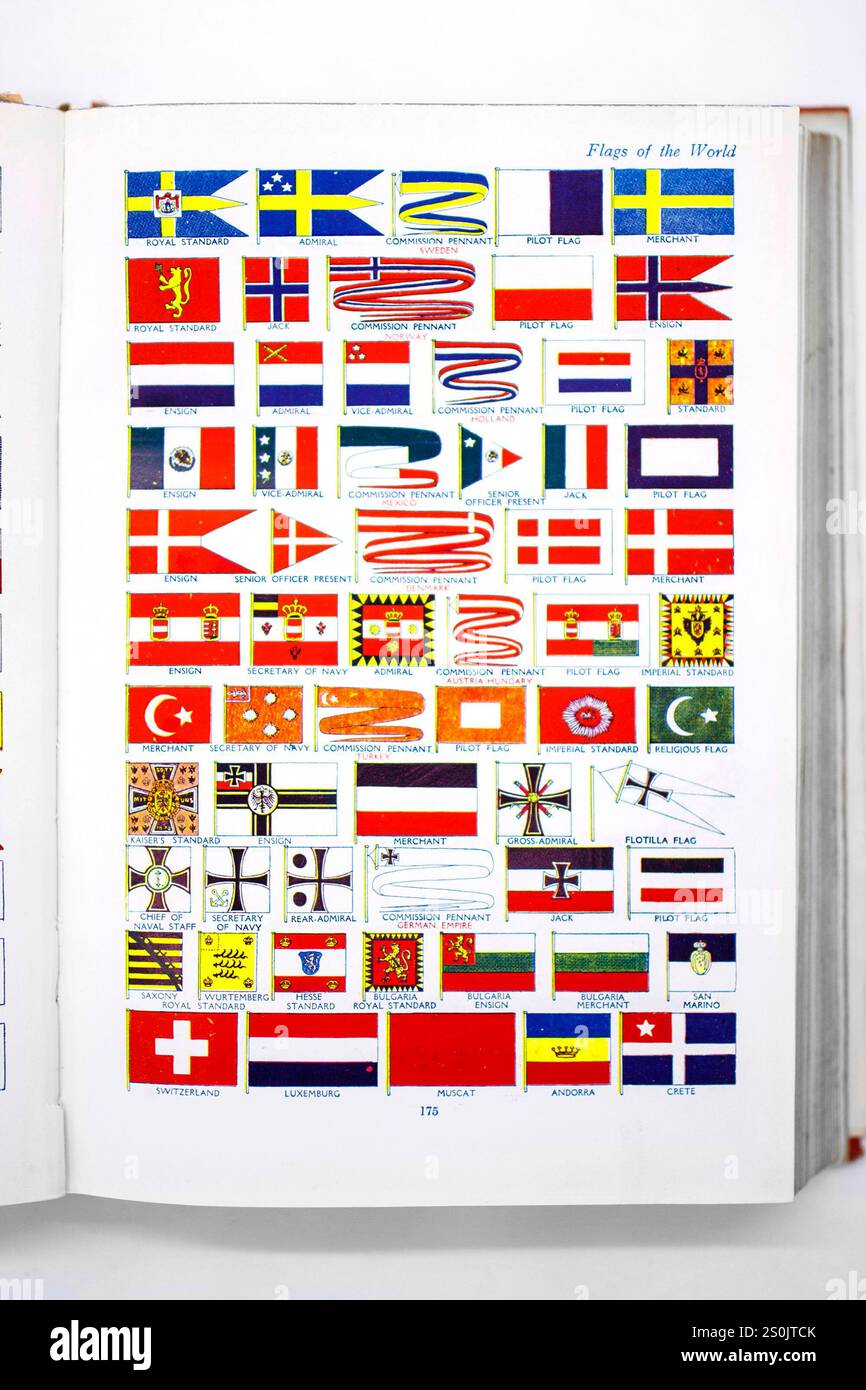 400 Flags of the World, Vintage-Buchseite mit einer Vielzahl von farbenfrohen internationalen Flaggen und maritimen Signalflaggen während des Ersten Weltkriegs Stockfoto