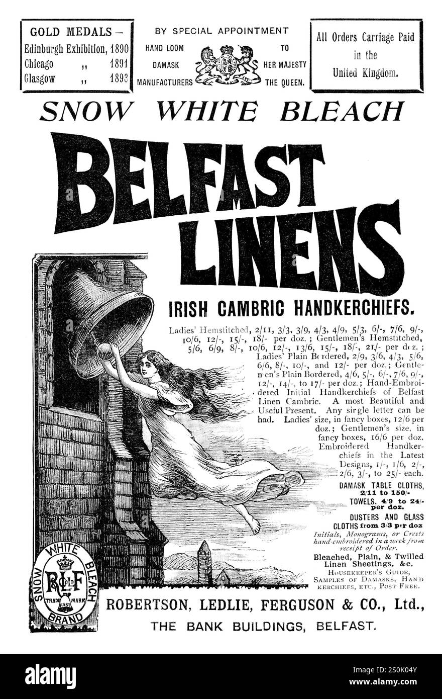 1896 britische Werbung für Belfast Bettwäsche Irish Cambric Taschentücher, Snow White Bleach Brand von Robertson, Ledlie, Ferguson & Co of Belfast. Stockfoto