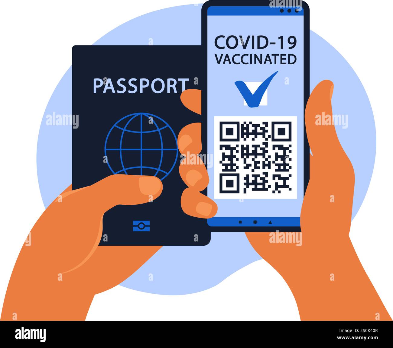 Das Konzept des elektronischen COVID-19-Passes. Die geimpfte Person mit QR-Code auf dem Mobiltelefon für sicheres Reisen während der Pandemie. Vektorabbildung Stock Vektor
