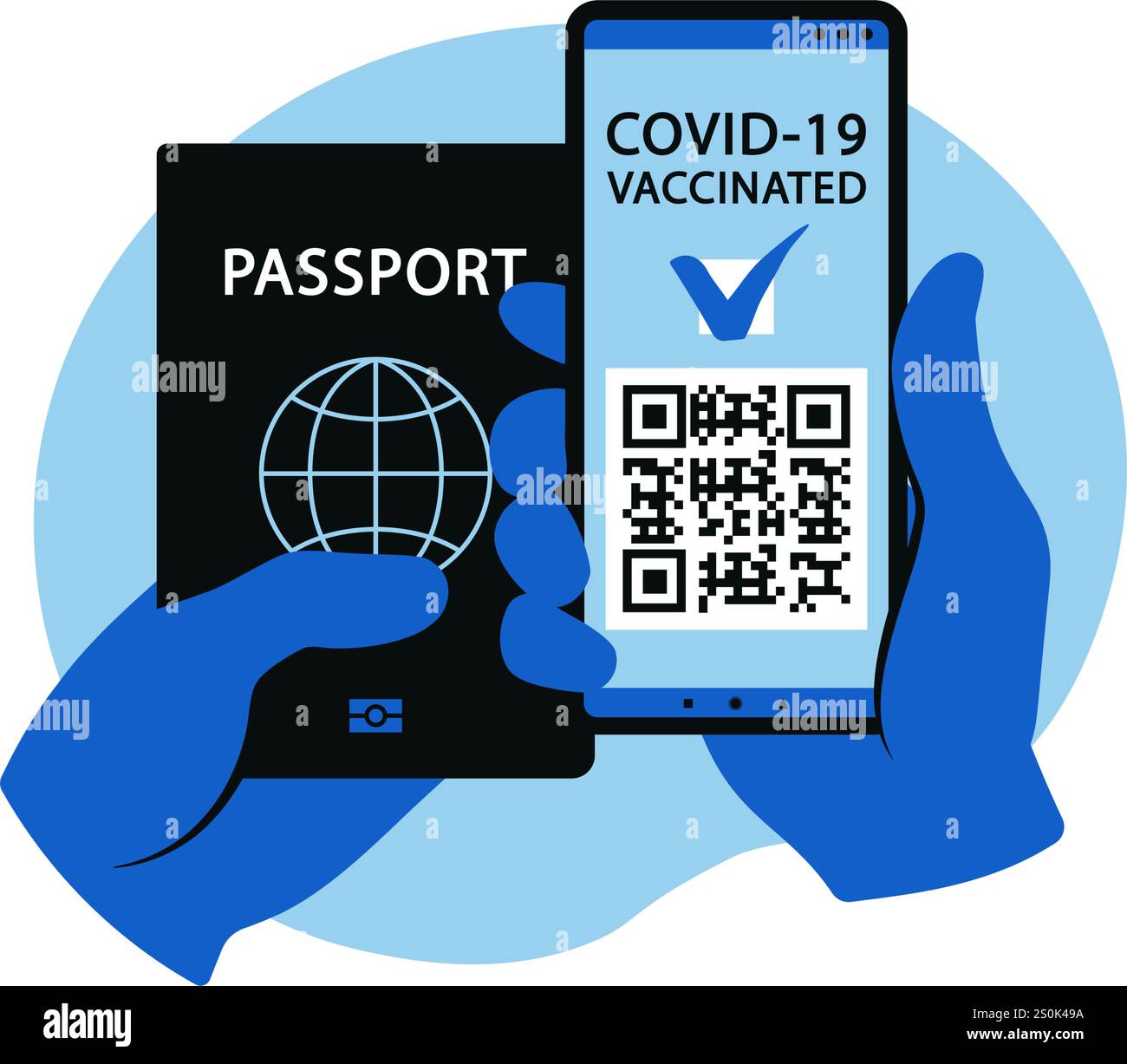 Das Konzept des elektronischen COVID-19-Passes. Die geimpfte Person mit QR-Code auf dem Mobiltelefon für sicheres Reisen während der Pandemie. Vektorabbildung Stock Vektor