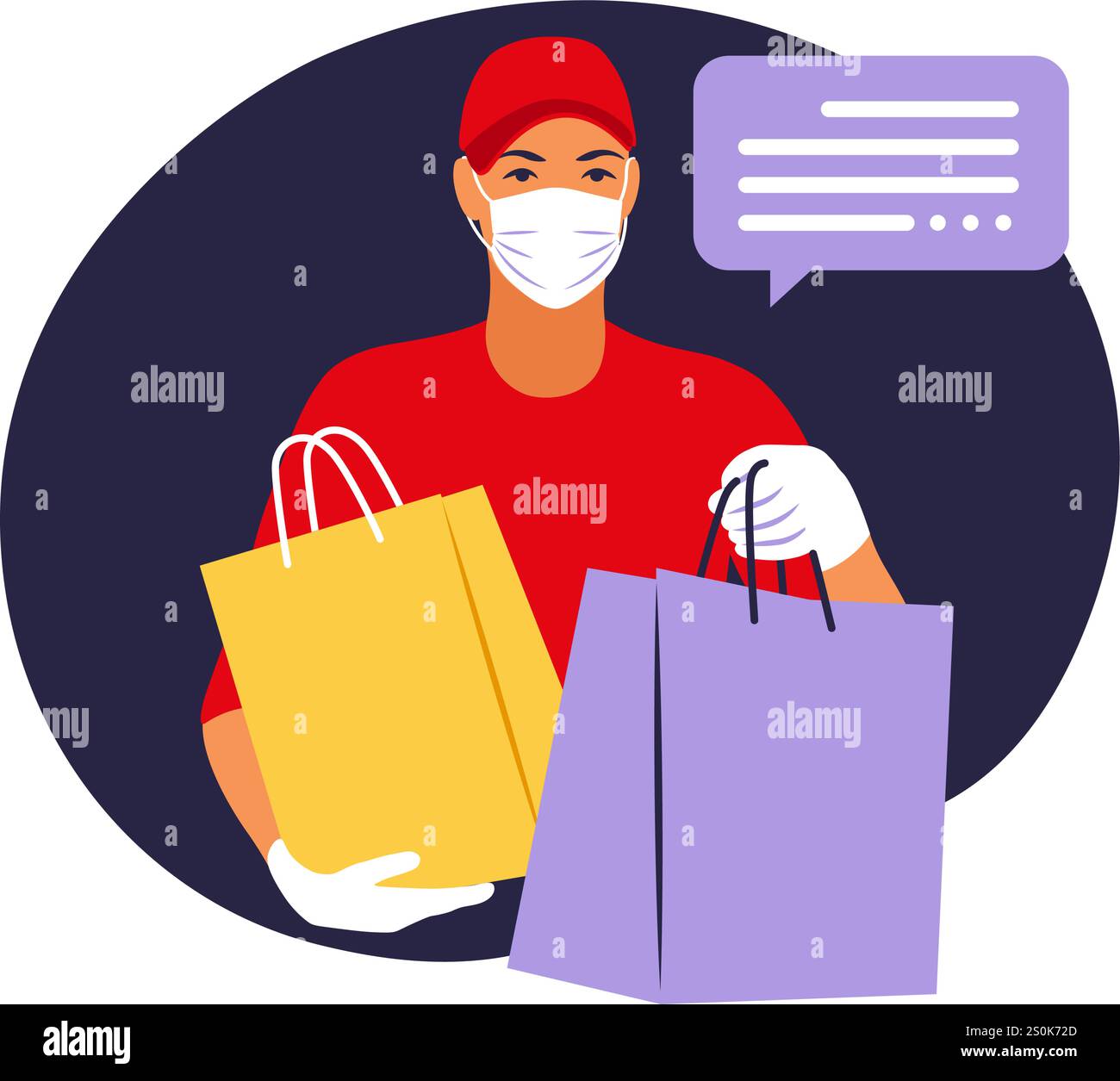 Warenlieferung während der Coronovirus-Prophylaxe, COVID-19. Kurier in einer Gesichtsmaske mit einer Kiste in der Hand. Porträt von der Taille nach oben. Vektor Stock Vektor