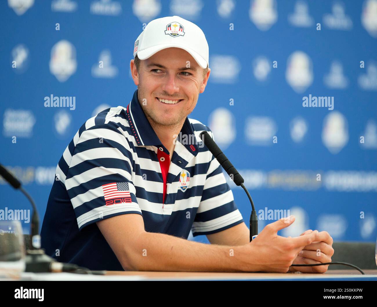 26. September 2018; Paris, FRA; Jordan Spieth sprach auf seiner Pressekonferenz nach einer Trainingsrunde im Le Golf National im Ryder Cup. Stockfoto