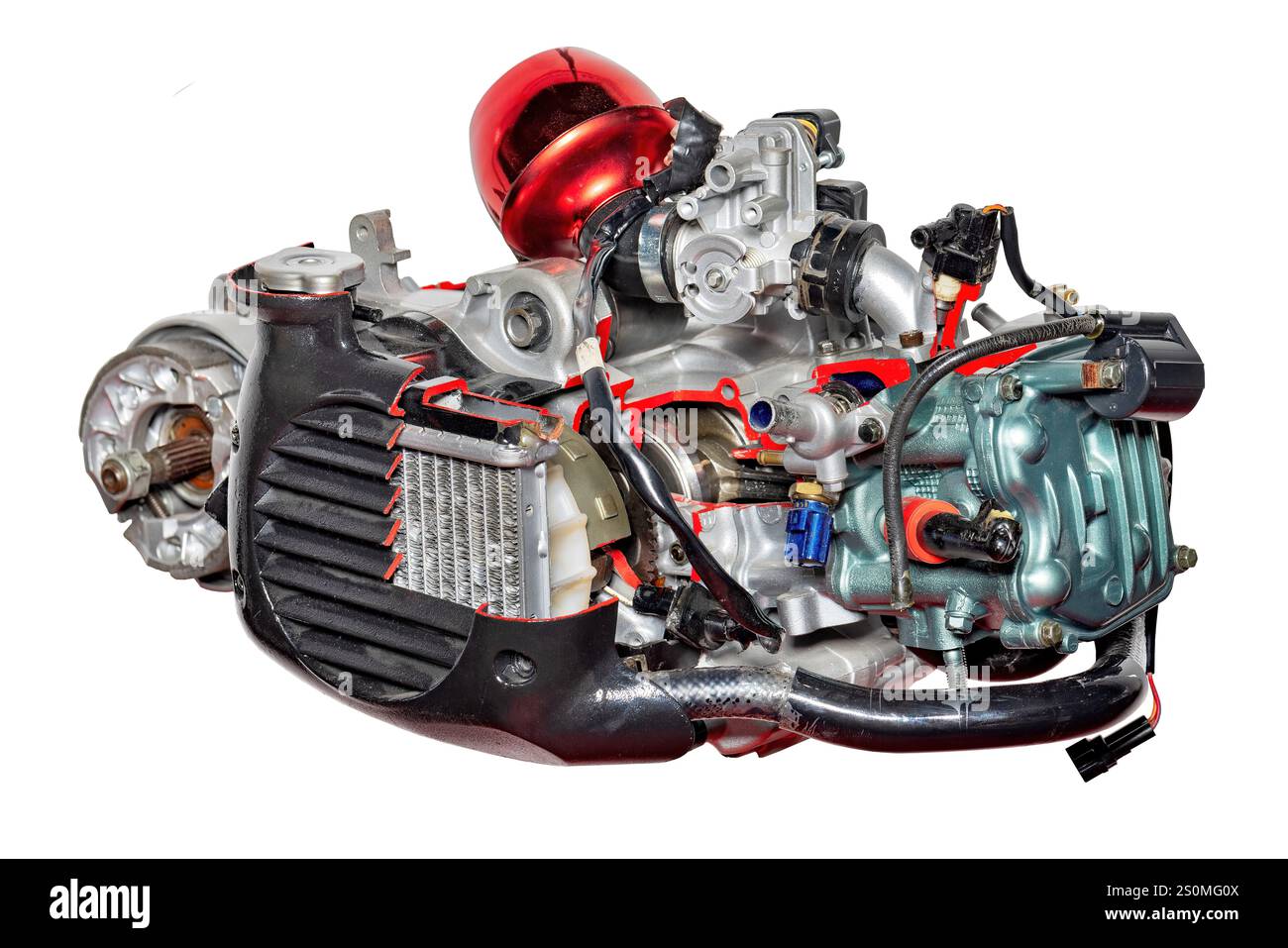 Diese eindrucksvolle Darstellung zeigt eine detaillierte Ansicht eines Hochleistungsmotors, wobei die komplexen Komponenten und die akribische Ingenieurskunst hervorgehoben werden. Stockfoto