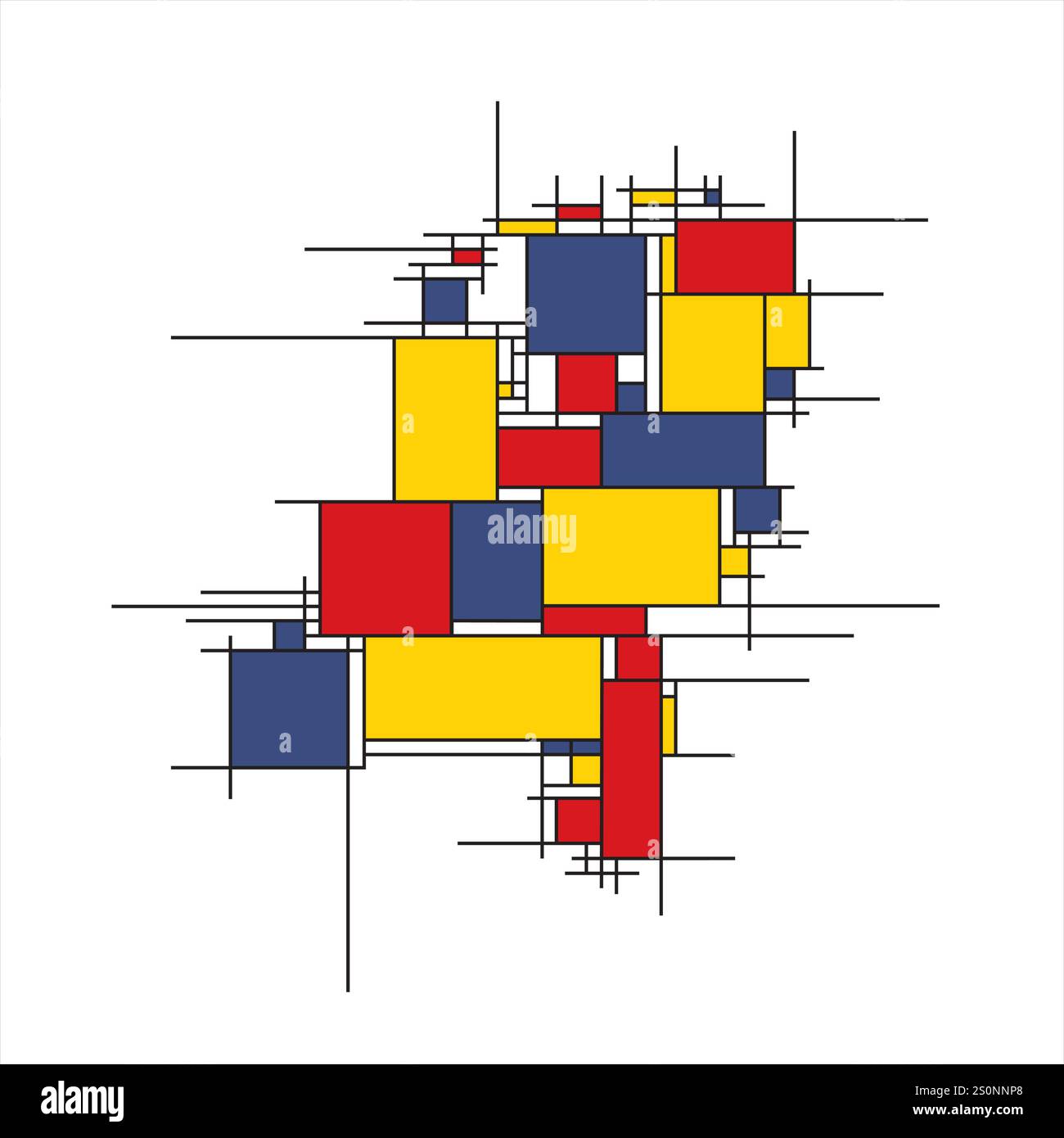 Moderne Karte der Niederlande im farbenfrohen Piet Mondrian-Stil mit schwarzen Linien, kombiniert mit roten, gelben und blauen Bereichen. Stock Vektor