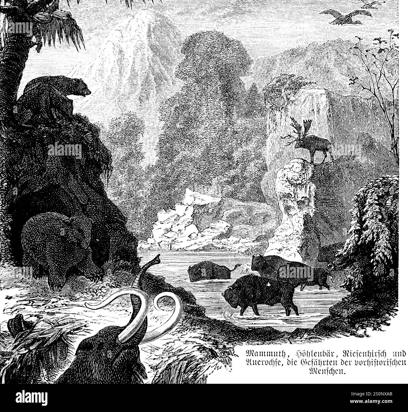 Frühe Tiere in einer alpinen Landschaft, Mammuts, Bär, Hirsch und Auroch, historische Illustration 1880 Stockfoto