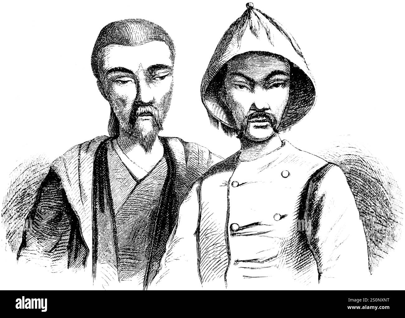 Porträt zweier asiatischer Männer, historische Illustration 1880 Stockfoto