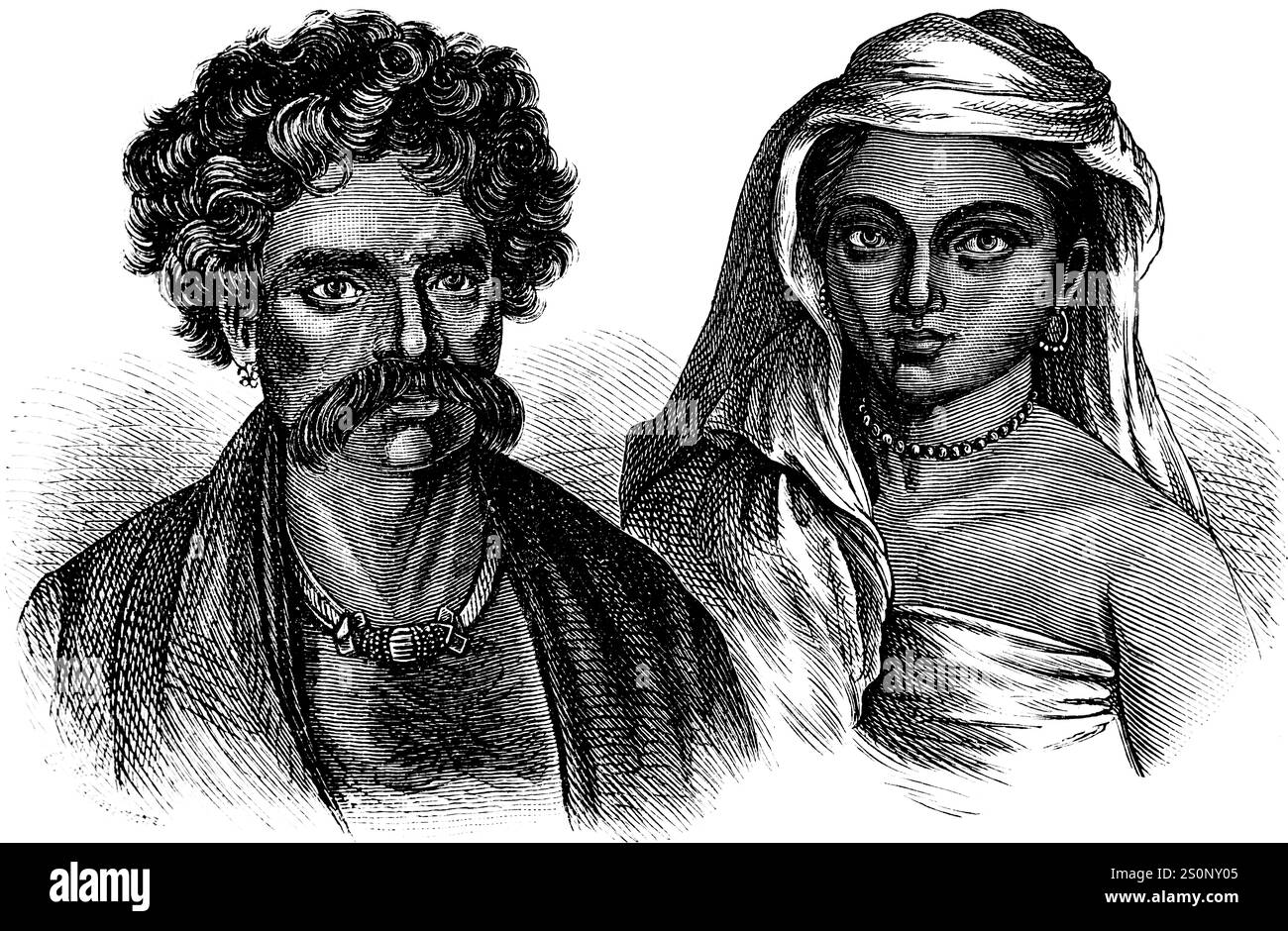 Porträt eines Paares, Mann und Frau, des Volkes der Doda in der Region Jammu und Kaschmir, Verwaltung Indiens, aus historischer Illustration 1880 Stockfoto