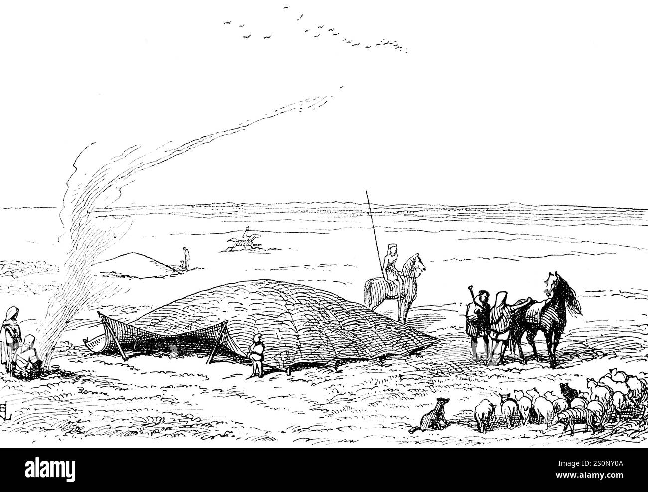 Zelt der alten Nomaden in der Mogolei mit einer Familie und einer Schafherde, Fernost, historische Illustration 1880 Stockfoto