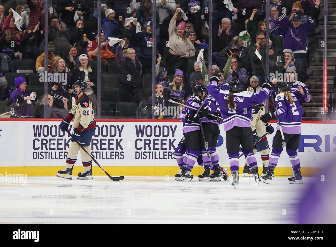 28. Dezember 2024: Minnesota Frost Stürmer Brooke McQuigge (3) feiert im Xcel Energy Center in St. Paul, Minnesota ein zweites Tor während eines Hockeyspiels zwischen den Montreal Victoire und den Minnesota Frost. Steven Garcia-CSM Stockfoto