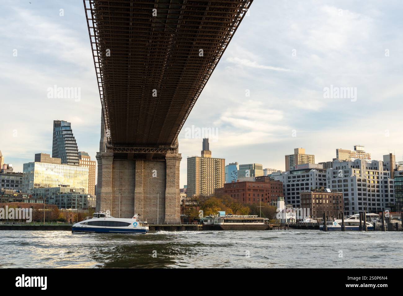 Zu den Brücken, die den East River von New York City überspannen, gehören die Brooklyn, Manhattan und Williamsburg Bridge, die jeweils ein berühmtes Wahrzeichen für sich sind Stockfoto