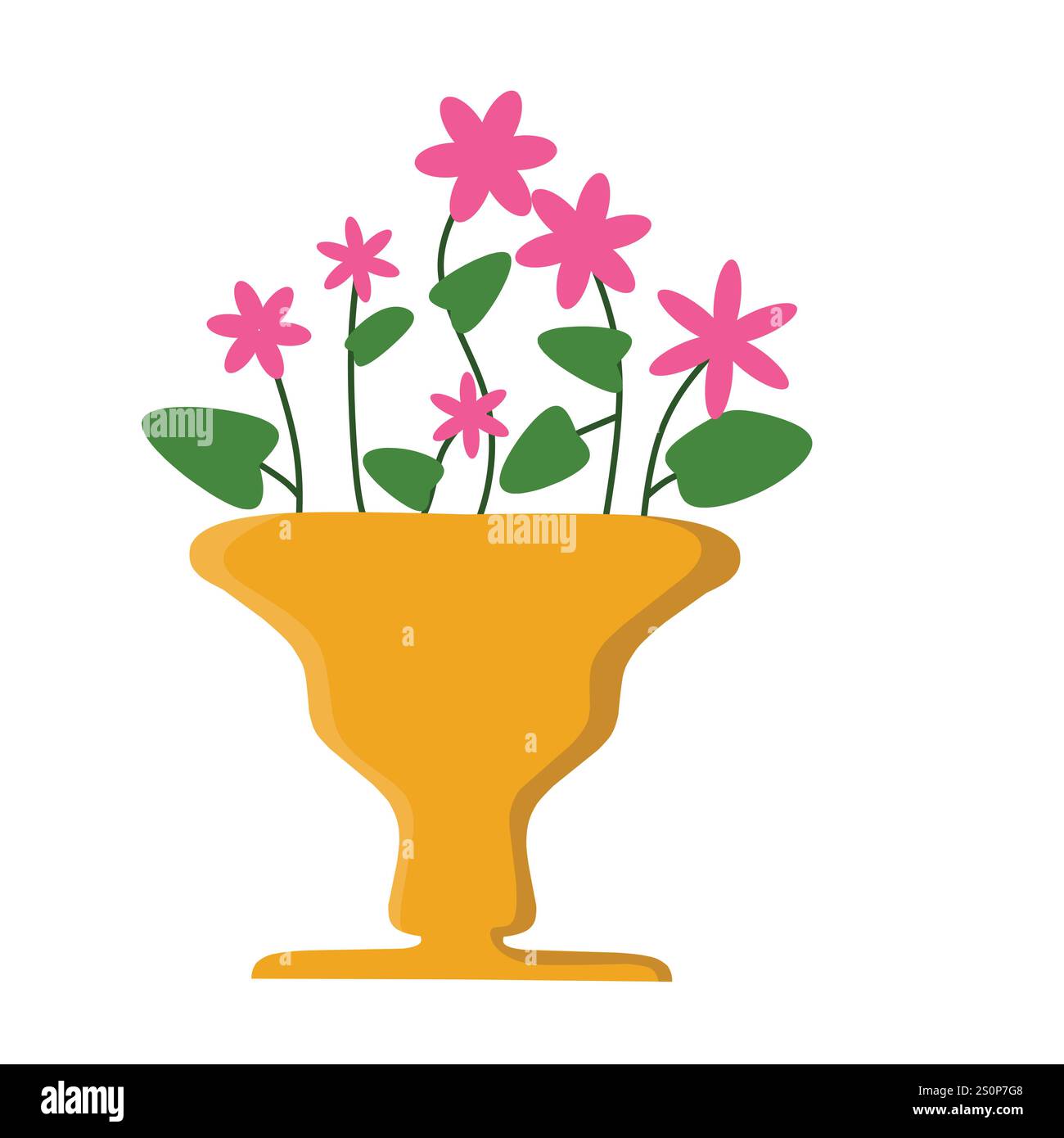 Eine stilisierte Illustration einer gelben Vase mit mehreren rosa Blüten mit grünen Blättern. Die einfachen, abgerundeten Blütenblätter und verschiedene Größen der Blüte Stock Vektor