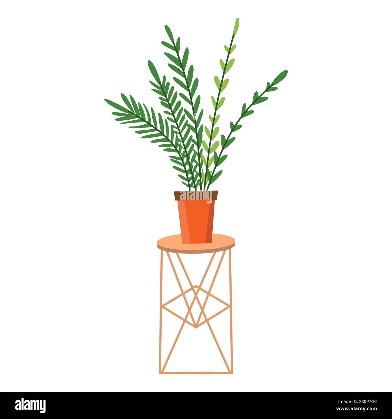 Eine Topfpflanze mit langen, grünen Blättern auf einem dekorativen Ständer mit geometrischem Design. Der orangefarbene Topf und der moderne Standfuß machen ihn zu einem zentralen Punkt Stock Vektor