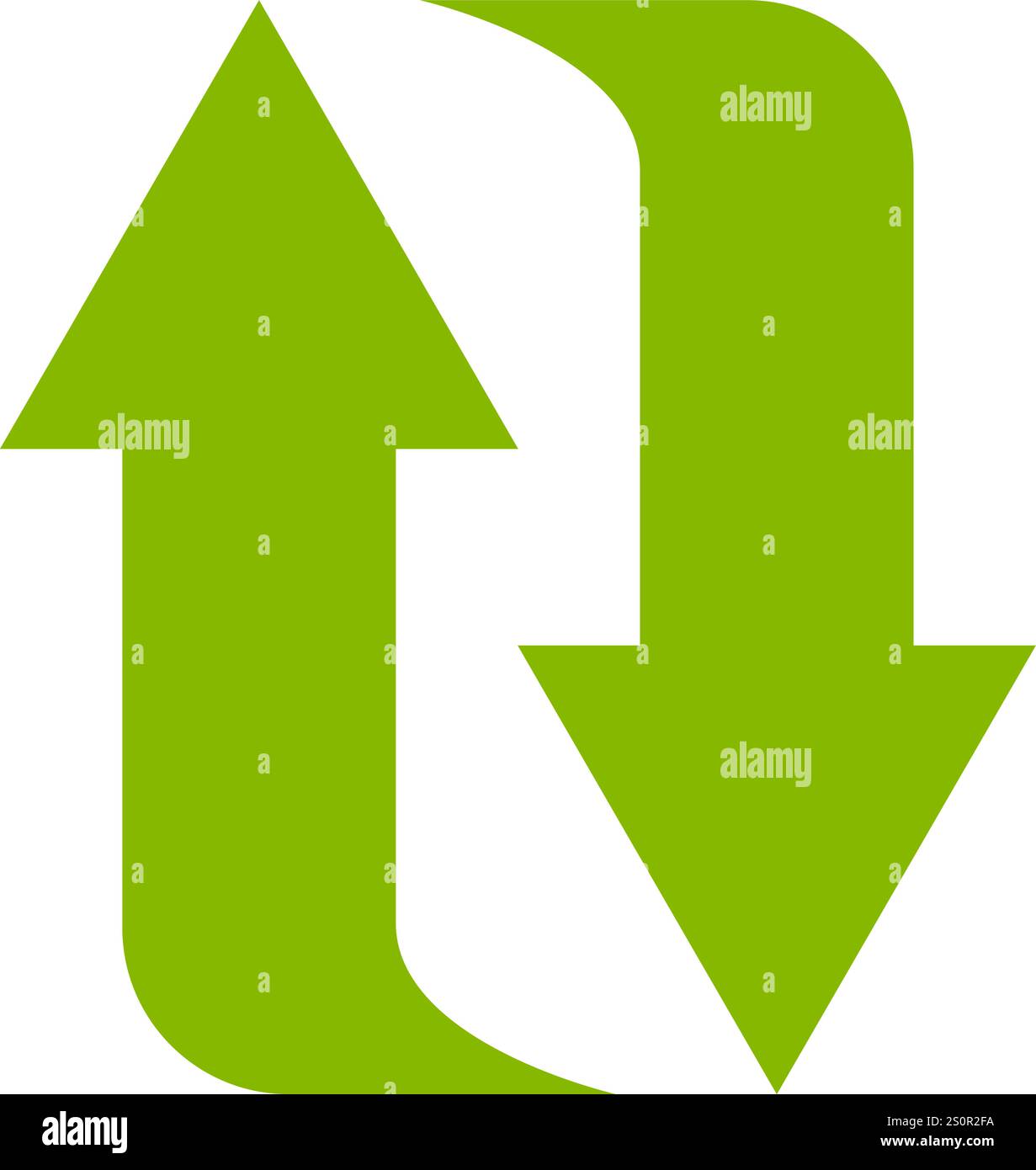 Zwei gekrümmte grüne Pfeile, die nach oben und unten zeigen und Konzepte wie Austausch, Aktualisierung, Upload, Download, Import, Export, Geben und Nehmen oder zwei Stock Vektor