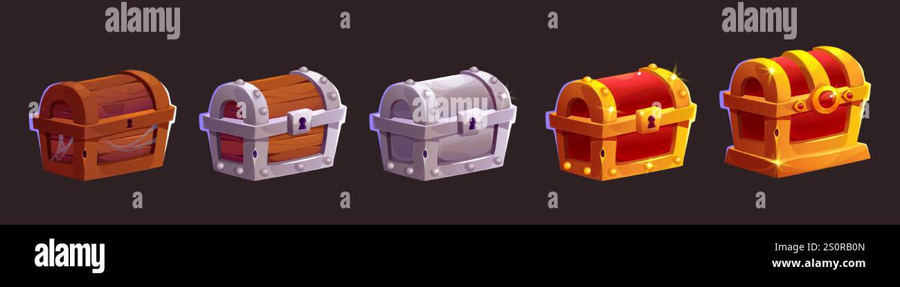 Geschlossene antike Schatzkiste aus Holz für das ui-Design auf Spielniveau. Fortschrittsschritte des mittelalterlichen Falls - Holz verlassenen mit Netz, mit silbernem Rahmen, Meta Stock Vektor