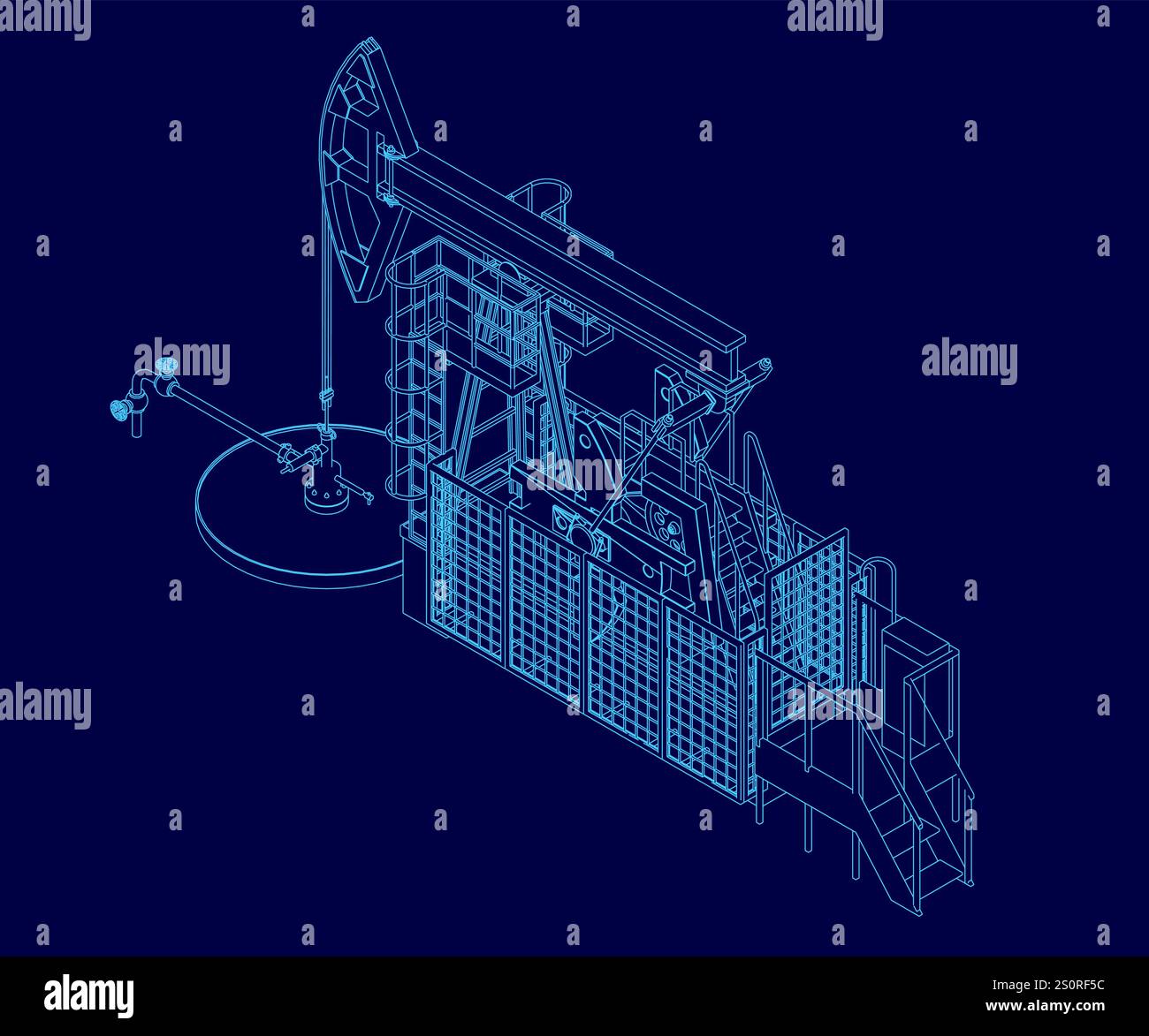 Blaue Zeichnung eines Pumpenhebers. Die Zeichnung zeigt einen Pumpenheber, der gerade Öl pumpt. Die Zeichnung ist sehr detailliert und zeigt die verschiedenen Stock Vektor