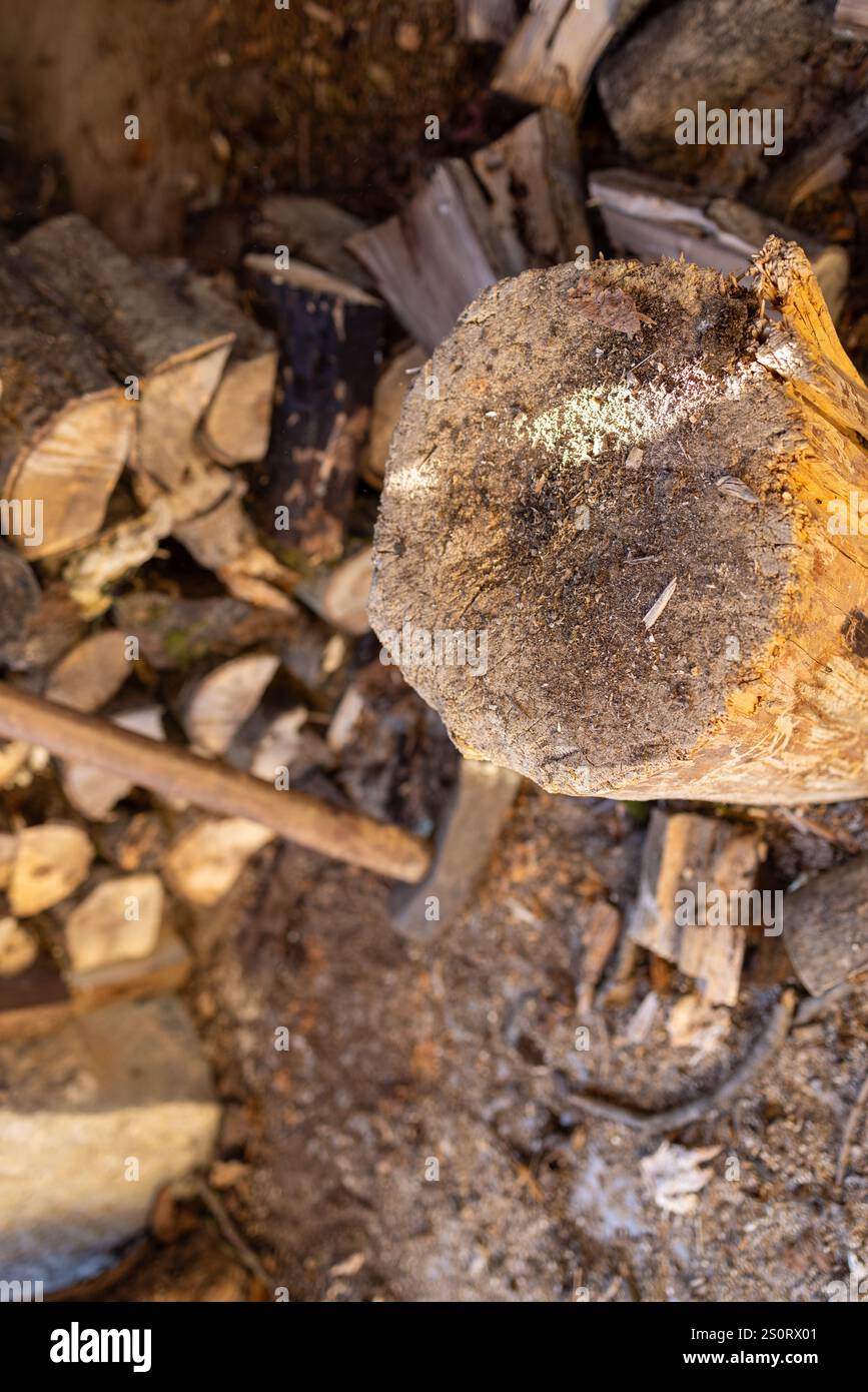 Nahaufnahme des Häckselblocks im rustikalen Holzschnitt-Bereich Stockfoto