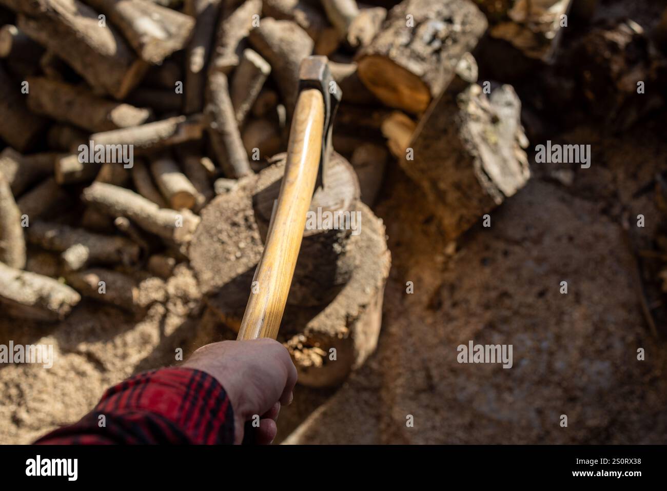 Ein Blick von oben nach unten auf eine Person, die eine Axt packt und auf einen Baumstumpf gerichtet ist, der von Brennholz und Sägemehl umgeben ist. Stockfoto