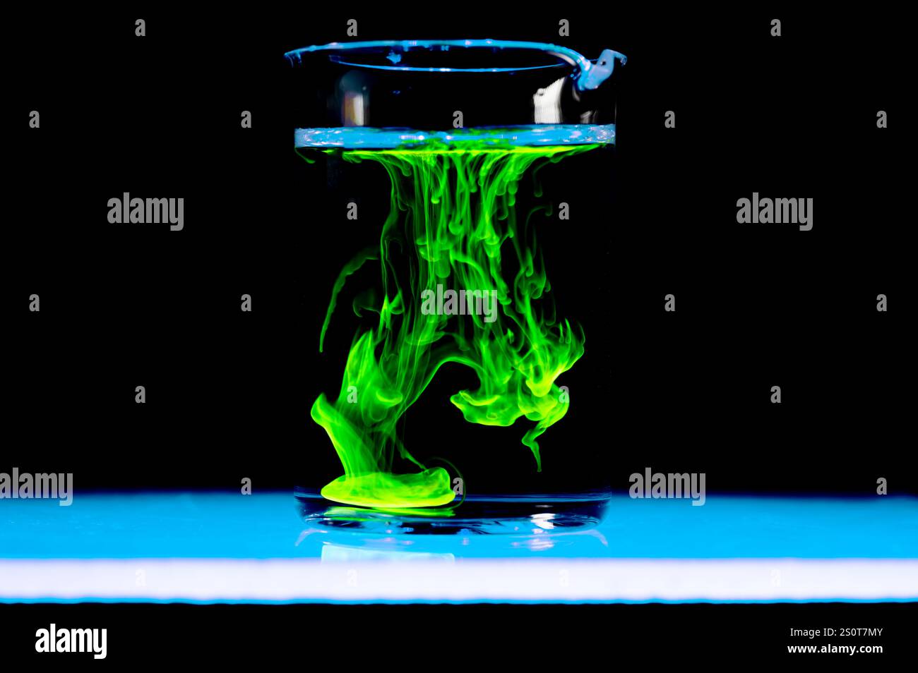 Auflösung und Verbreitung einer grünen Substanz in einem Kolben mit klarer Flüssigkeit. Chemische Reaktion im Labor. Kopierraum. Stockfoto