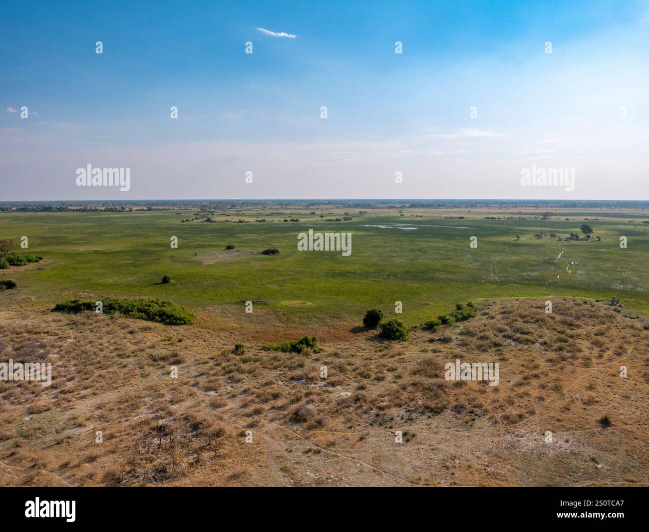 Landschaft in Botswana aus der Luft. Flug von Maun ins Okavango-Delta mit dem Hubschrauber. Stockfoto