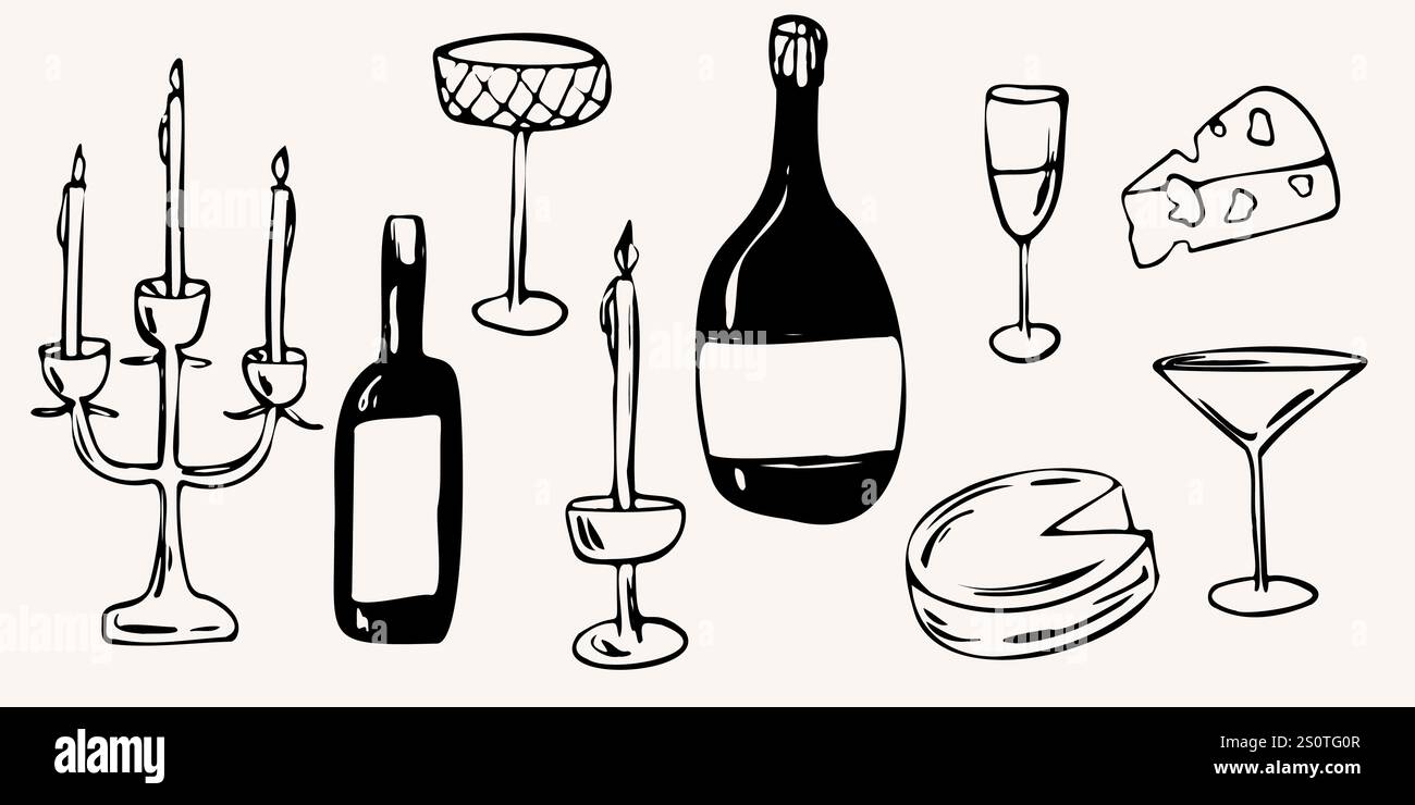 Vektor handgezeichnete Skizze Illustration von Kerzen, Weinflaschen, Gläsern und Käse in einem minimalistischen Stil. Die Schwarzweißkonturen eignen sich ideal für Menüs Stock Vektor