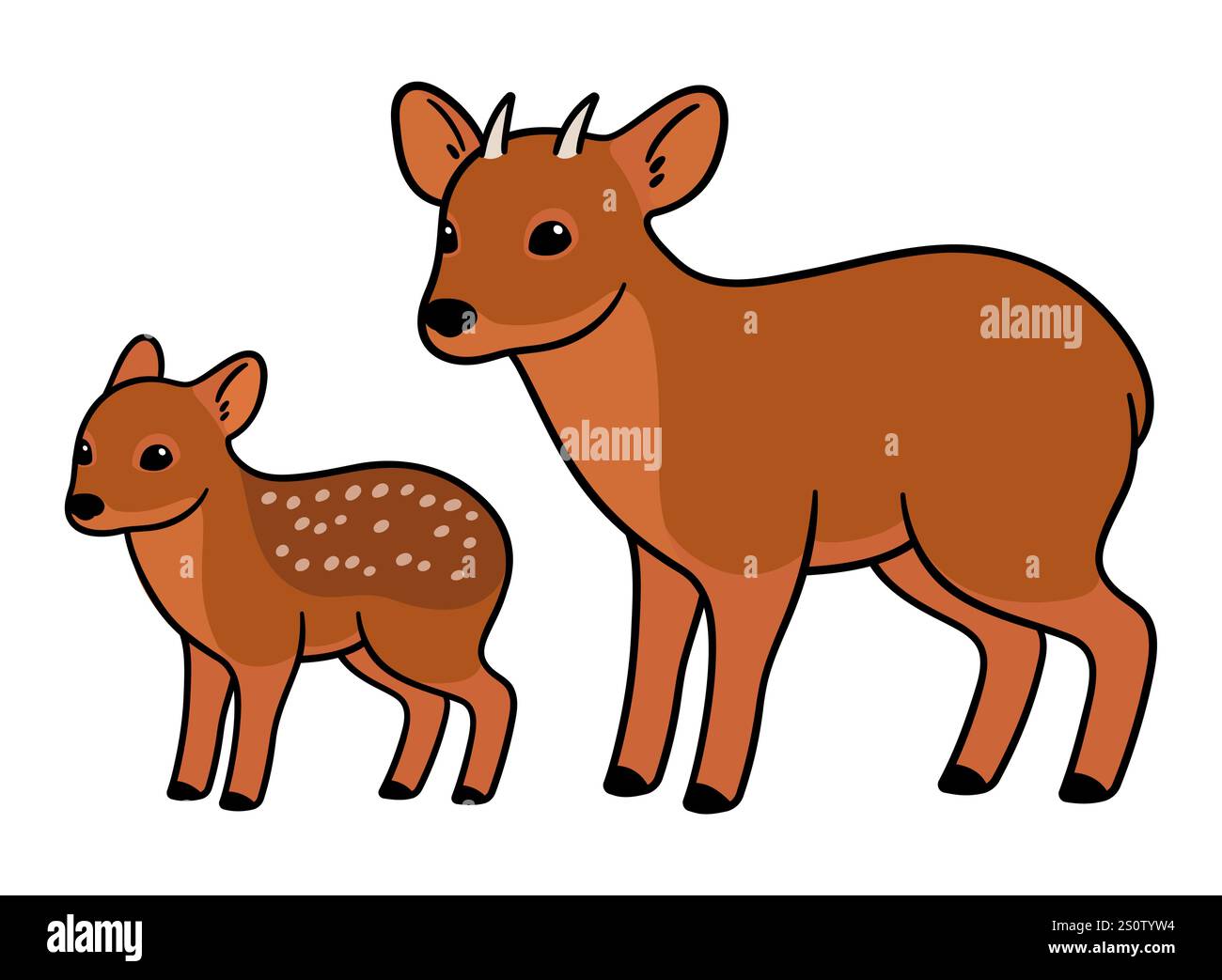 Erwachsener und Baby Pudu, kleiner südamerikanischer Hirsch. Niedliche Zeichentrickzeichnung, Vektorillustration. Stock Vektor