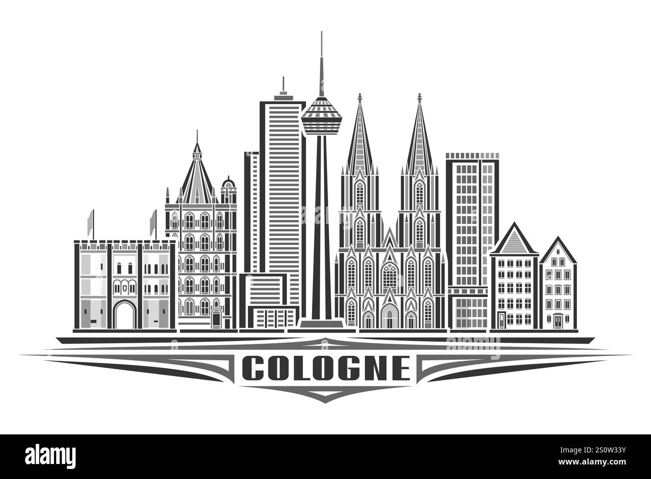 Vektorillustration von Köln, monochrome horizontale Karte mit linearem Design kölner Stadtlandschaft, europäisches Urban Line Art Konzept mit dekorativem Llett Stock Vektor