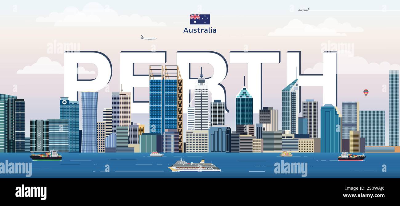 Perth City Skyline bunte Vektor-Illustration. Reiseposter Stock Vektor