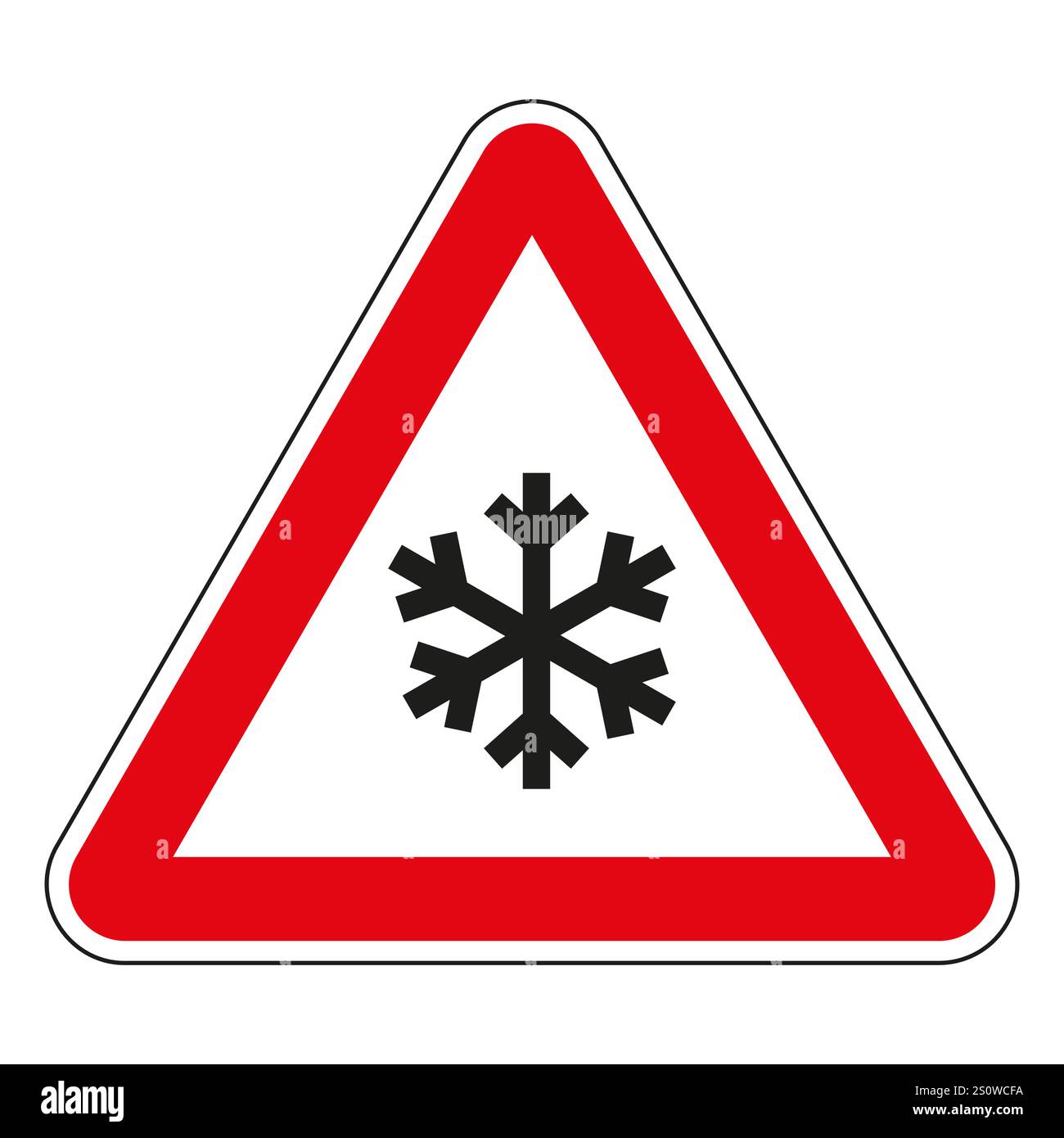 Rotes dreieckiges Straßenschild, das vor Eis oder Schnee auf der Straße warnt und auf gefährliche Fahrbedingungen hinweist. Stock Vektor