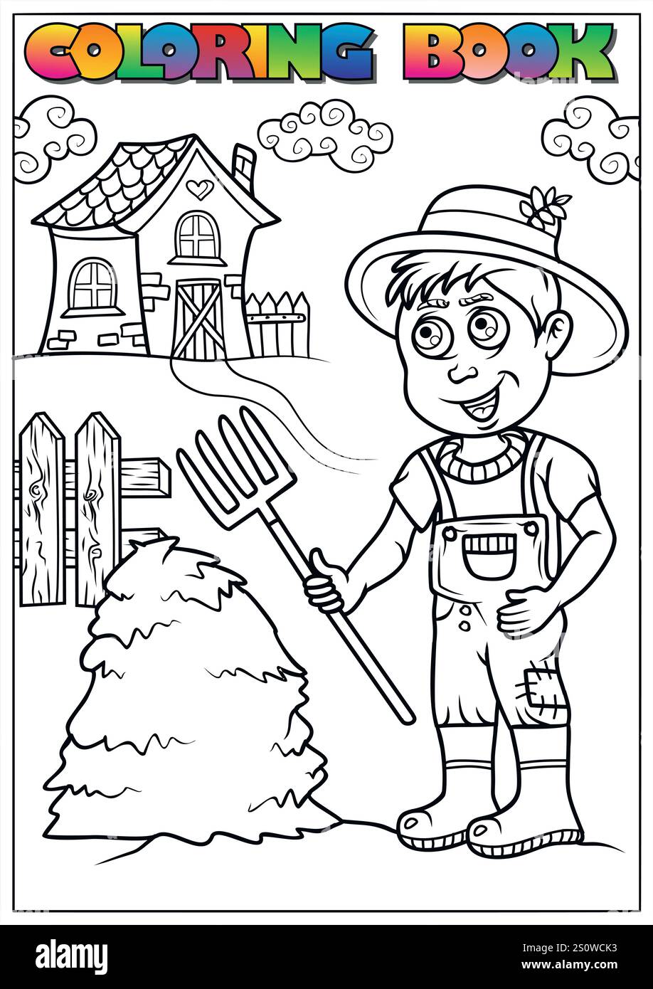 Schwarz-weiße Vektor-Illustration eines lächelnden Landwirts, der eine Heugabel in der Nähe eines Heubodens vor einem Bauernhaus hält, Färbeaktivität für Kinder. Stock Vektor