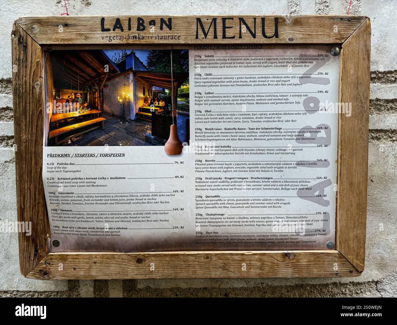 Vegetarisches Restaurant Menü, Cesky Krumlov. Tschechien, Tschechien. Stockfoto