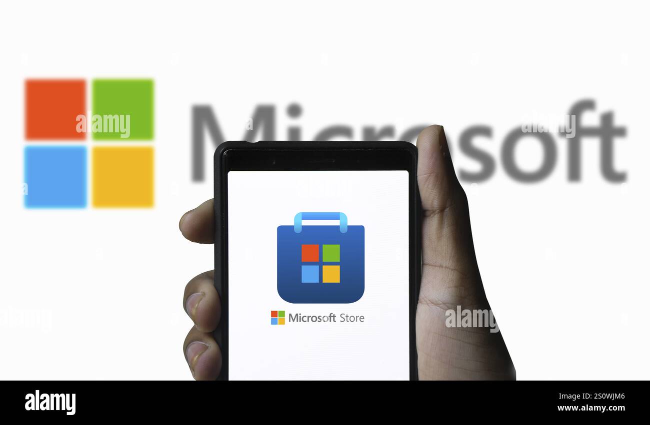 Der Microsoft Store ist ein digitaler Marktplatz, auf dem Sie eine große Auswahl an Apps, Spielen, Filmen und mehr für Ihren Windows-PC finden Stockfoto