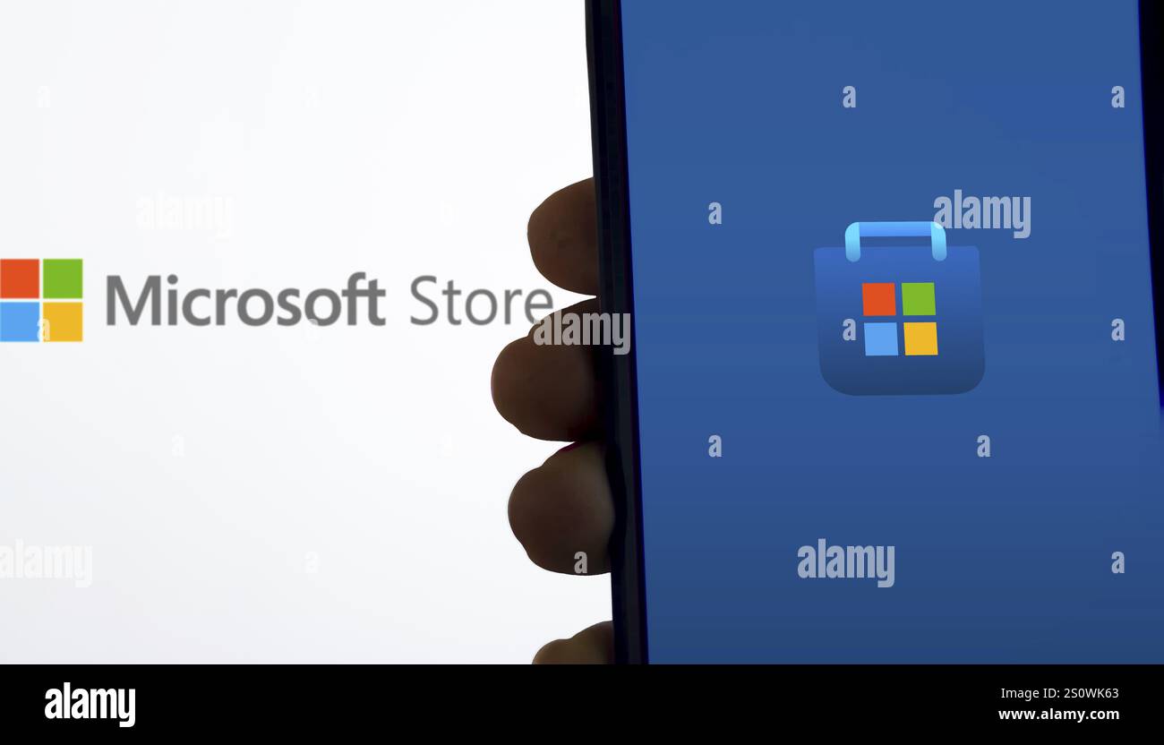 Der Microsoft Store ist ein digitaler Marktplatz, auf dem Sie eine große Auswahl an Apps, Spielen, Filmen und mehr für Ihren Windows-PC finden Stockfoto