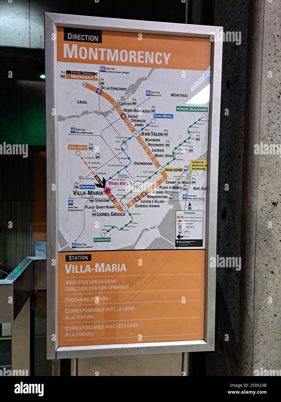 Karte der orangefarbenen Linie am U-Bahnhof Villa-Maria in Montreal, Quebec, Kanada Stockfoto