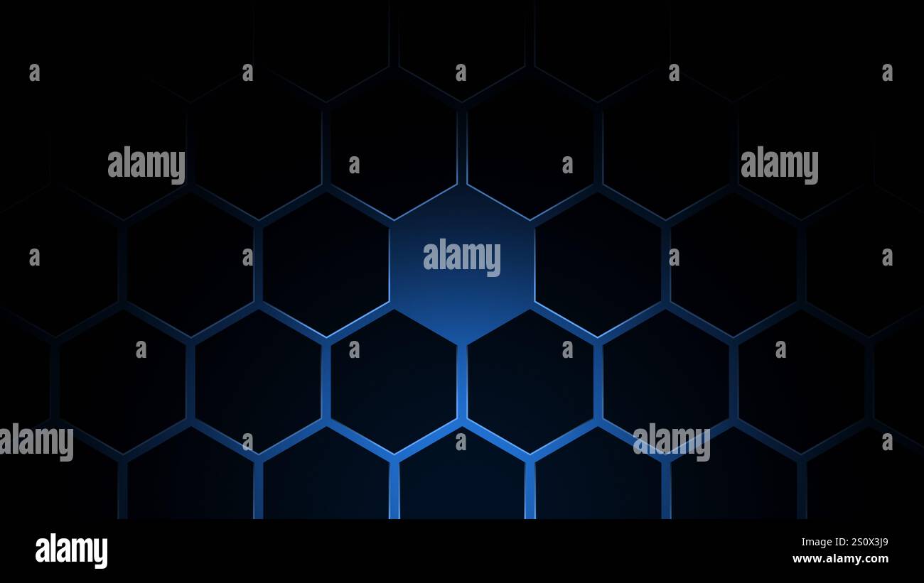 Schwarzes sechseckiges Gittermuster auf blauem Hintergrund, helles Licht von unten. Technologie, Verbindung und Datenkonzept. Abstrakter und moderner Hintergrund. Stockfoto