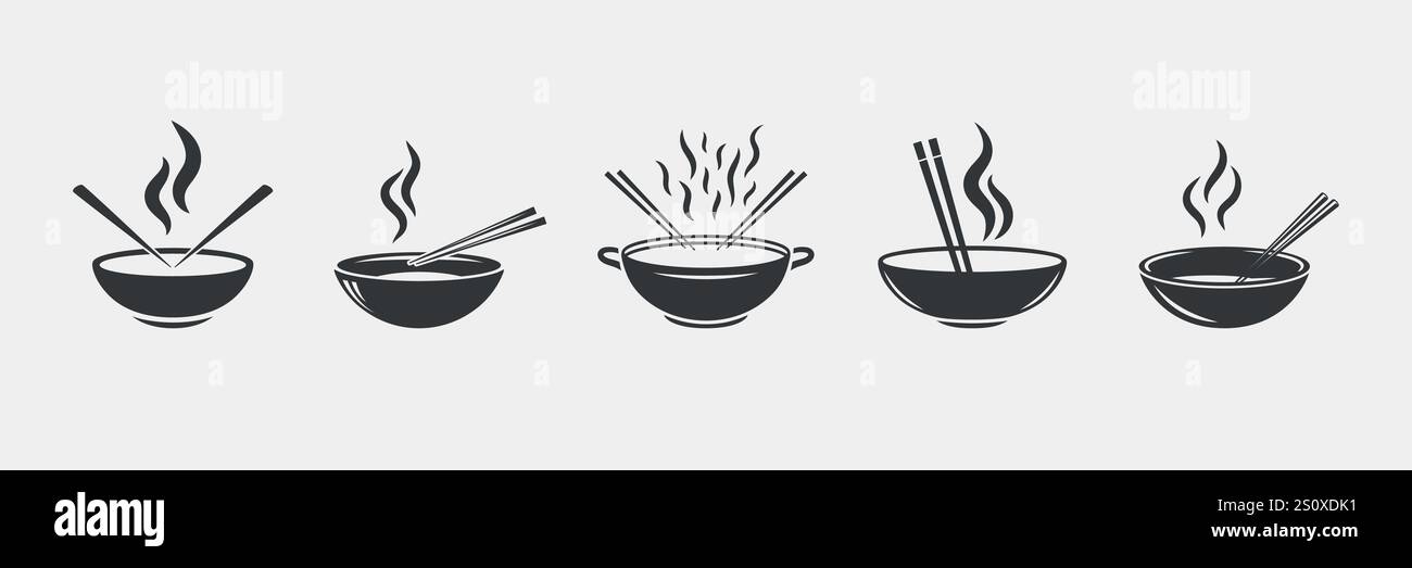 Icons in der heißen Suppenschüssel mit Dampf, Essstäbchen, Wok, Hotpot. Suppe, Schüsseln, Essstäbchen, Wok, Hotpot Monochrome Vektor-Illustration. Konstruktionsvorlage für Stock Vektor
