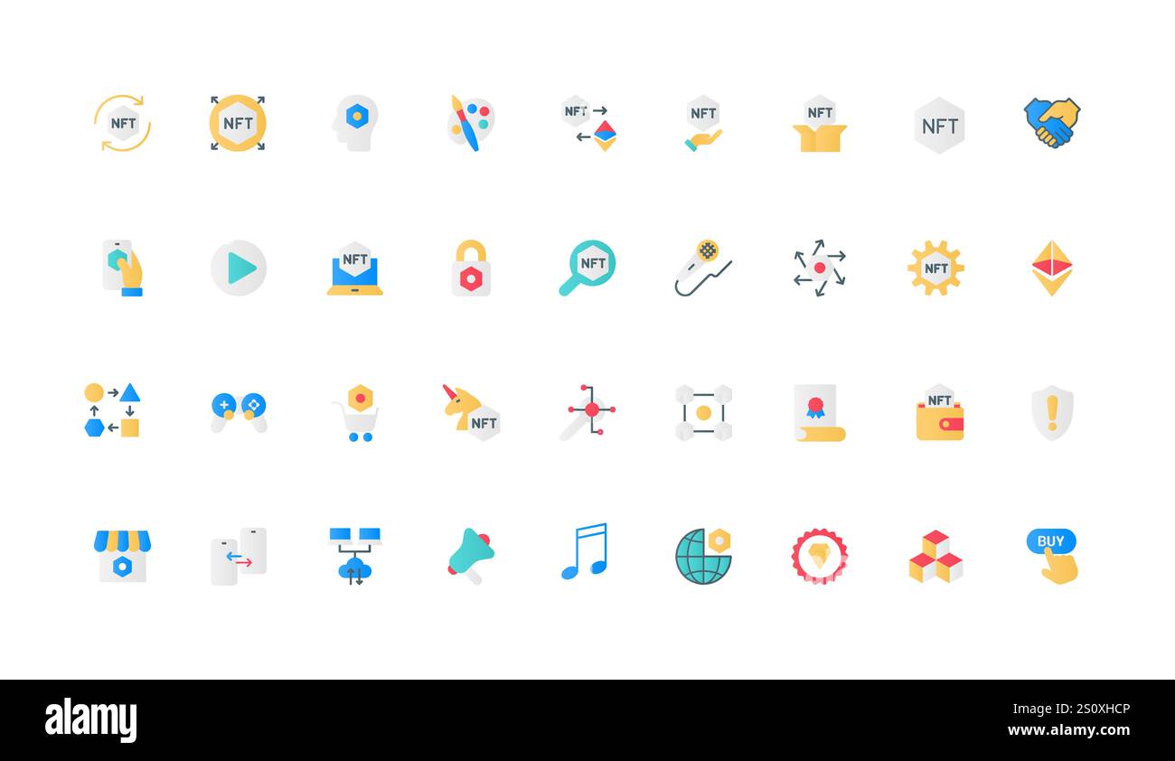 NFT, nicht fungibles Token, Kryptowährungs-Wallet zum Kauf, Farbsymbole für Anlagevermögen. NFT und Ethereum Austausch, Blockchain und Einhorn, Kunstwerk Marktplatz flache Elemente Vektorillustration Stock Vektor