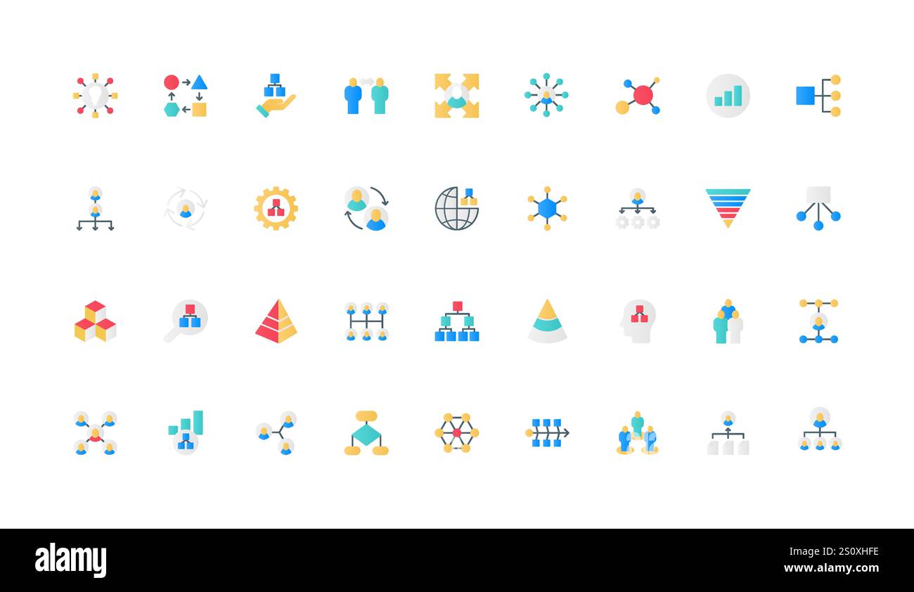 Organisationsstruktur der Firma, Organigramm und Hierarchie der Mitarbeitergruppe, Farbsymbole. Business-Personal, Baum-Flussdiagramm mit Vorsitzender, Pyramide flache Elemente Vektor-Illustration Stock Vektor