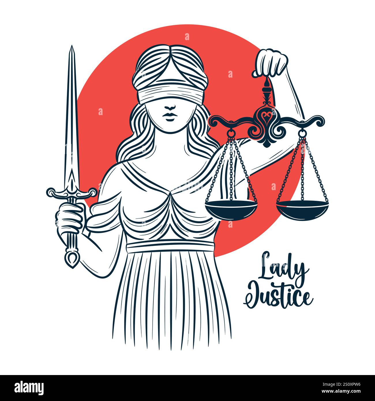 Lady Justice hält Skala und Schwert mit Hand gezeichneter Stil Vektor-Illustration Stock Vektor
