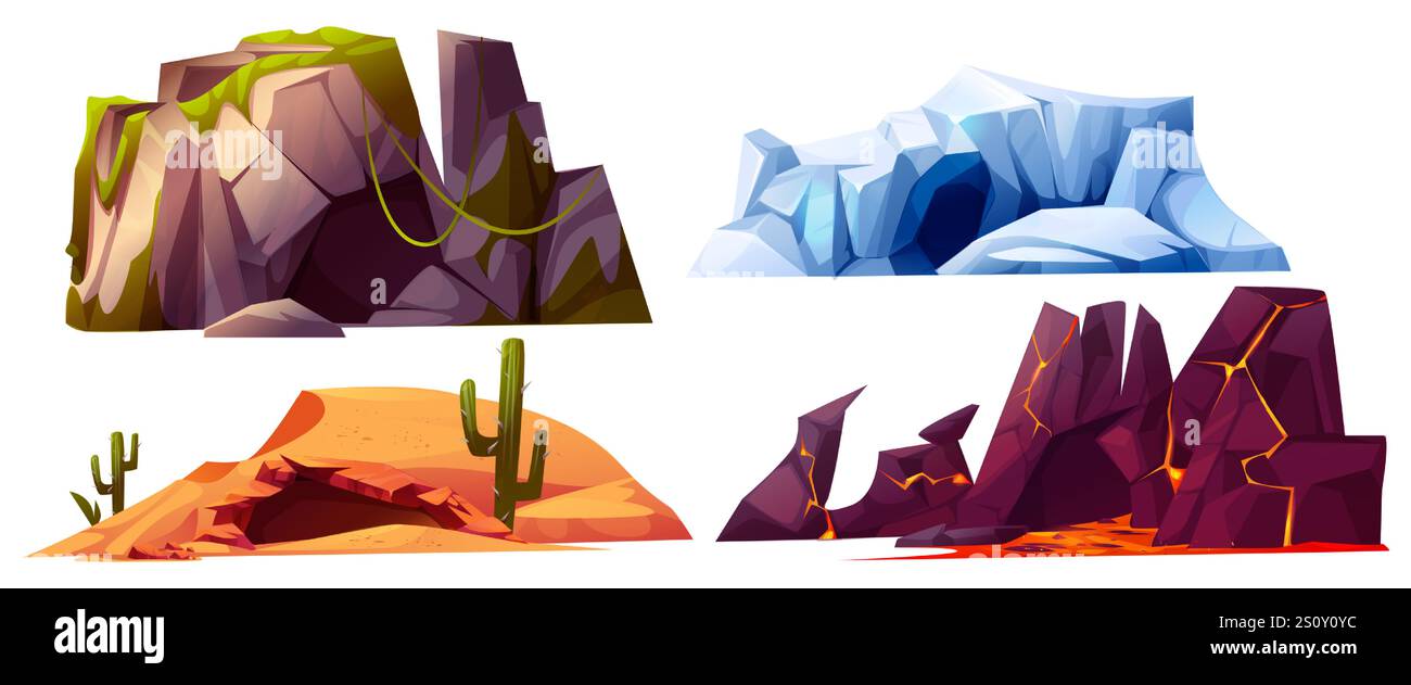 Höhleneingangslandschaften - moosbedeckte felsige Klippen, arktische Gletscherformation, Wüstenhöhle umgeben von Kaktuspflanzen, vulkanischer Berg mit glühenden Lava-Rissen. Natürliche Geländelöcher für das Spiel. Stock Vektor