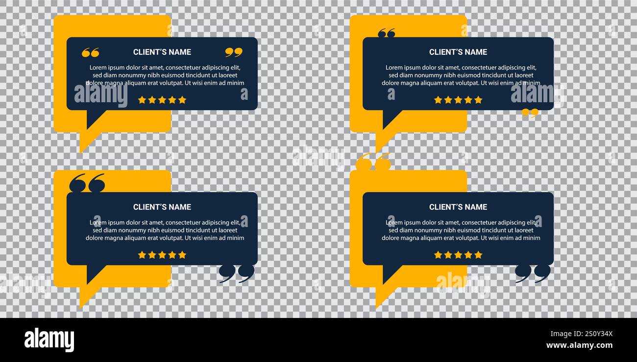 Feedback-Vorlagen für soziale Medien, Vektorquadrat mit Sprechblasen für Kundenbewertungen, Sternebewertungen und Profilsymbolen. Perfekt für Testimonial Posts. Stock Vektor