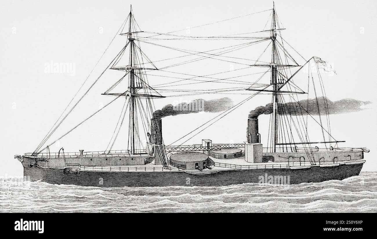 HMS Inflexible, 1876, trug sie ihre Hauptbewaffnung in zentral platzierten Türmen. Aus der National Encyclopaedia: A Dictionary of Universal Knowledge, veröffentlicht um 1890 Stockfoto