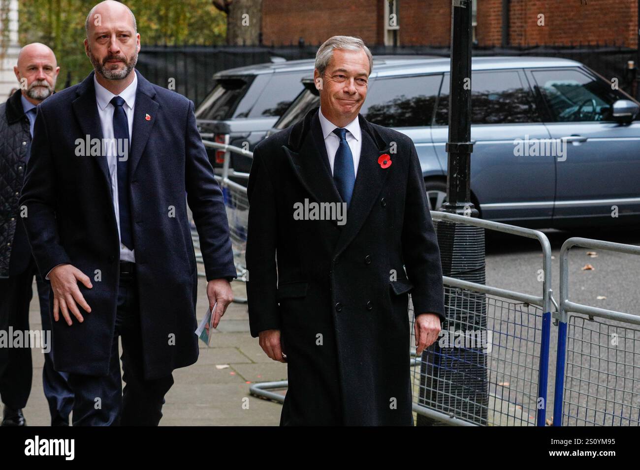 Nigel Farage, Abgeordneter von Clacton, Vorsitzender der Reform UK Party, Close Up Face in Downing Street, London, UK Stockfoto