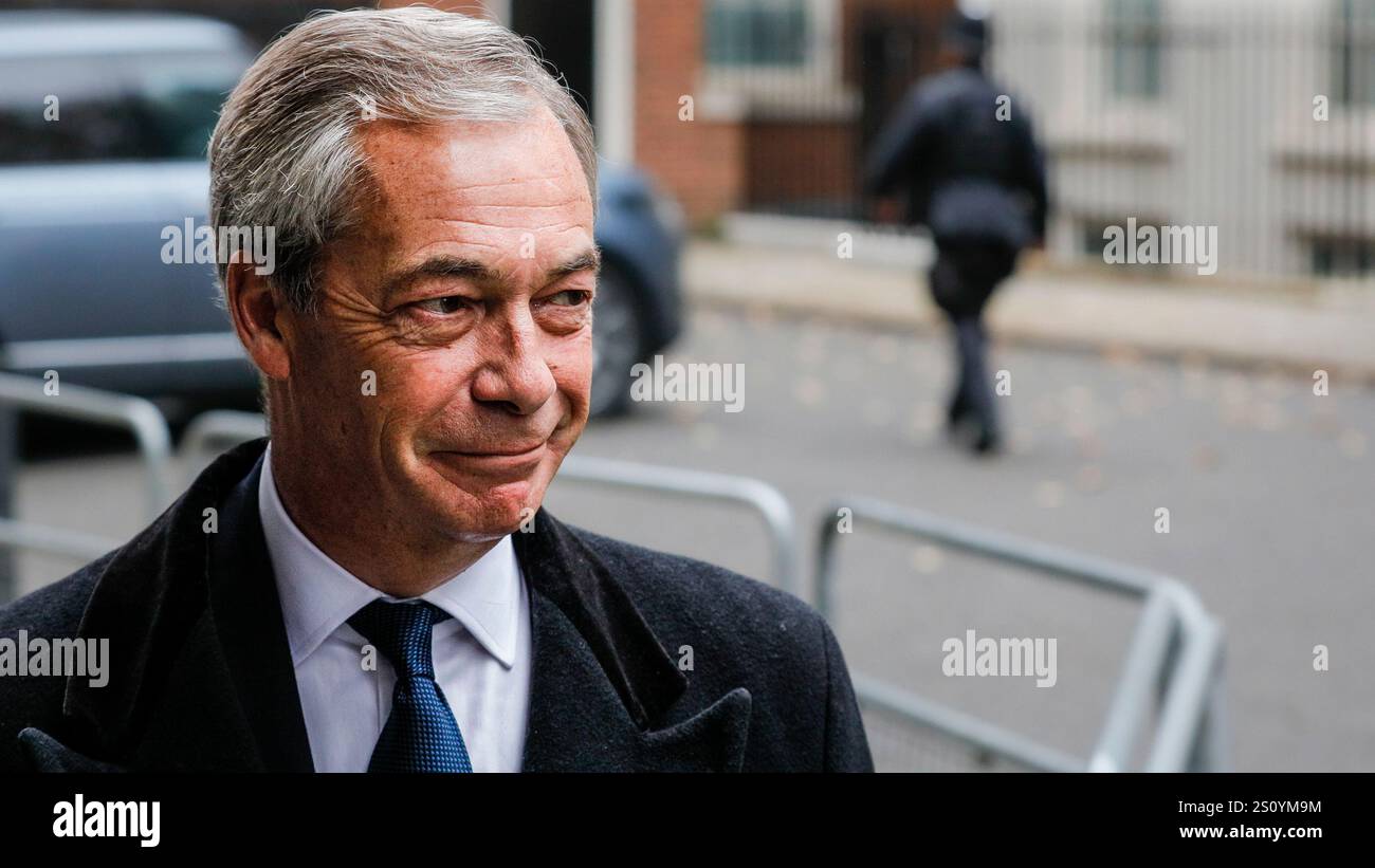 Nigel Farage, Abgeordneter von Clacton, Vorsitzender der Reform UK Party, Close Up Face in Downing Street, London, UK Stockfoto