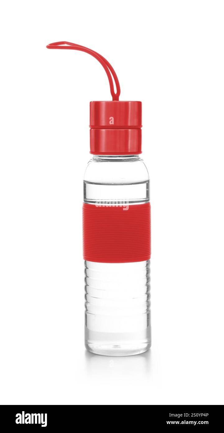 Sportwasserflasche mit Riemen auf weißem Hintergrund. Modell für Design Stockfoto