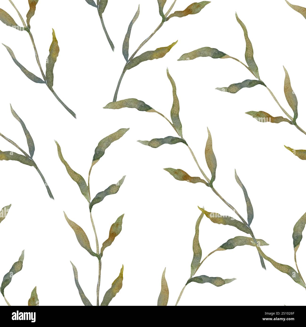 Zweige mit grünem, nahtlosem Muster. Handgezeichnete Aquarellillustration isoliert auf weiß. Für Karten, Geschenkpapier, Textilien, Tapeten, Stoff, Stockfoto